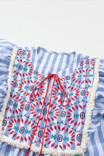 Load image into Gallery viewer, Sky Blue Stripe Geo Pattern Embroidered Tassel Flutter Blouse
