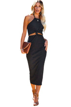 Load image into Gallery viewer, Womens - Black Cutout Twist Halter Sleeveless Pencil Midi Dress
