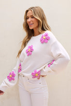 Load image into Gallery viewer, Crochet Flower Round Neck Long Sleeve Sweater
