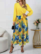 Load image into Gallery viewer, Pleated Printed Surplice Long Sleeve Dress
