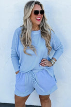 Load image into Gallery viewer, Light Blue Plus Size Ribbed Long Sleeve Top and Drawstring Shorts Set
