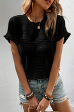 Load image into Gallery viewer, Black Solid Textured Ruffled Short Sleeve Blouse
