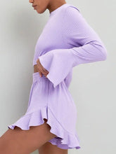 Load image into Gallery viewer, Round Neck Long Sleeve Top and Ruffled Shorts Set
