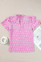 Load image into Gallery viewer, Ruffled Printed Tie Neck Short Sleeve Blouse
