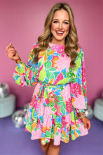 Load image into Gallery viewer, Green Multicolor Botanical Bubble Sleeve Mini Dress
