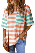 Load image into Gallery viewer, Blue Stripe Contrast Patch Pocket Drop Sleeve T Shirt
