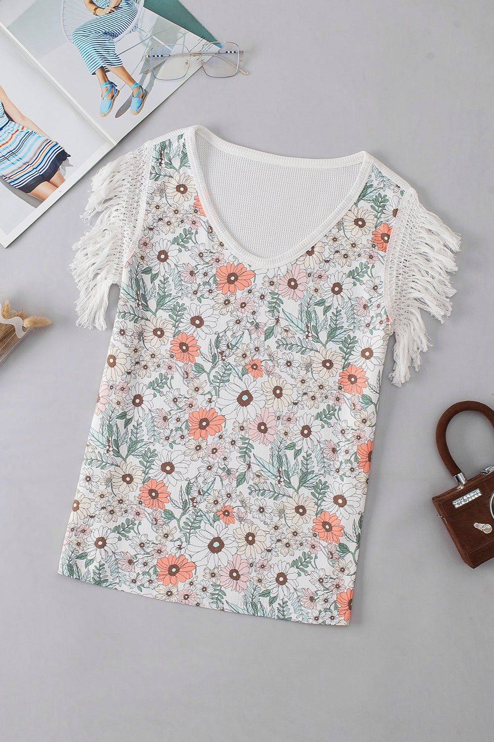 Fringe Printed V-Neck Top