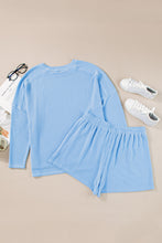 Load image into Gallery viewer, Light Blue Plus Size Ribbed Long Sleeve Top and Drawstring Shorts Set
