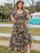 Load image into Gallery viewer, Plus Size Tie Neck Short Sleeve Top and Skirt Set
