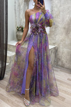 Load image into Gallery viewer, Mesh Tie-dye Printed Off-shoulder Slit Dress Summer INS Fashion Long Dress Party
