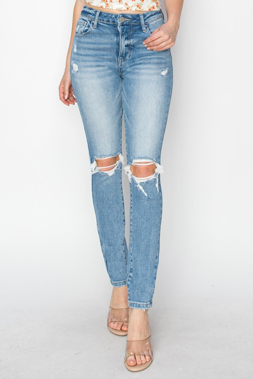 Risen Plus Size High Rise Knee Distressed Skinny Jeans