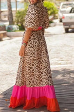 Load image into Gallery viewer, Bright Pink Leopard Colorblock Patchwork Bubble Sleeve Maxi Dress
