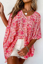 Load image into Gallery viewer, Pink Boho Floral V Neck Kimono Style Blouse
