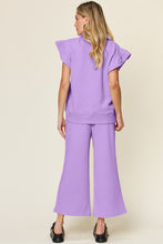 Load image into Gallery viewer, Double Take Texture Ruffle Short Sleeve Top and Drawstring Wide Leg Pants Set
