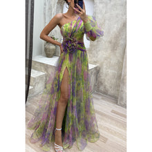 Load image into Gallery viewer, Mesh Tie-dye Printed Off-shoulder Slit Dress Summer INS Fashion Long Dress Party
