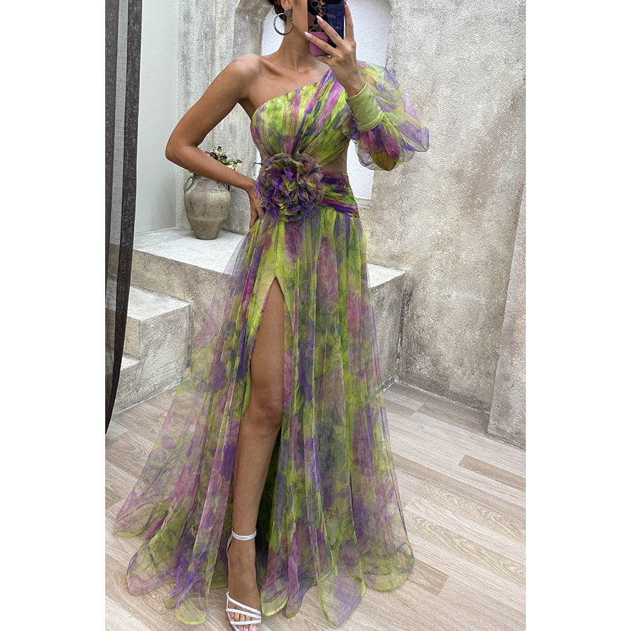 Mesh Tie-dye Printed Off-shoulder Slit Dress Summer INS Fashion Long Dress Party