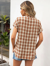 Load image into Gallery viewer, Plaid Notched Short Sleeve Blouse
