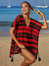 Load image into Gallery viewer, Tassel Openwork Striped V-Neck Cover Up
