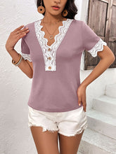 Load image into Gallery viewer, Lace Detail V-Neck Short Sleeve T-Shirt
