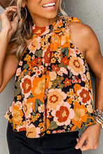 Load image into Gallery viewer, Orange Floral Print Knotted Halter Neck Sleeveless Top
