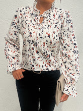 Load image into Gallery viewer, Ruffled Printed Tie Neck Long Sleeve Blouse
