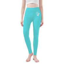 Load image into Gallery viewer, Ti Amo I love you - Exclusive Brand - Medium Turquoise Blue - White Daisy - Yoga Leggings - Sizes XS-3XL
