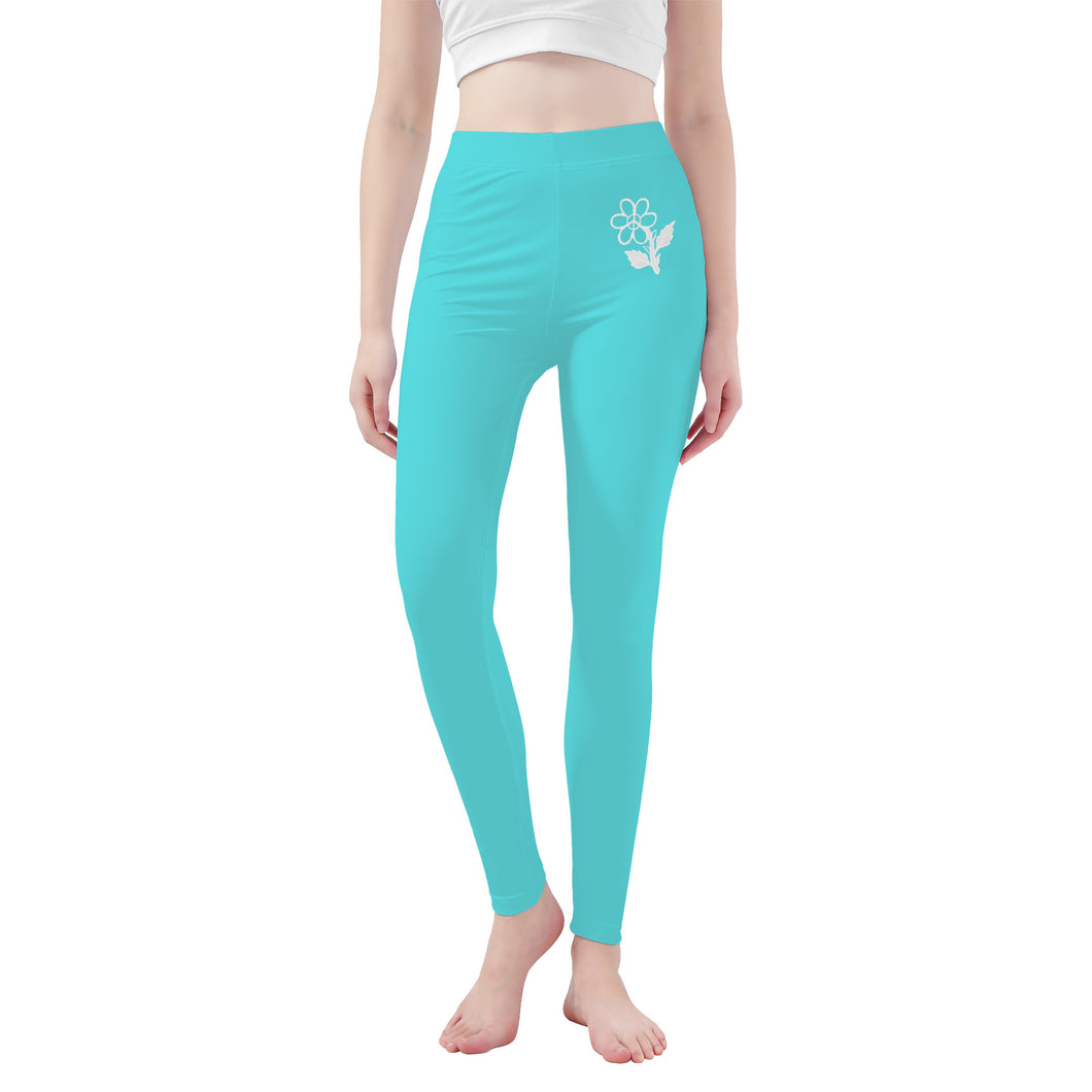 Ti Amo I love you - Exclusive Brand - Medium Turquoise Blue - White Daisy - Yoga Leggings - Sizes XS-3XL