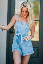 Load image into Gallery viewer, Beau Blue Spaghetti Straps Belted Denim Romper
