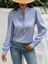 Load image into Gallery viewer, Striped Tie Neck Long Sleeve Blouse
