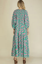 Load image into Gallery viewer, Green Abstract Print Puff Sleeve Tied Notched Neck Long Dress
