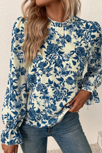 Load image into Gallery viewer, Sky Blue Floral Print Flounce Sleeve Keyhole Back Blouse
