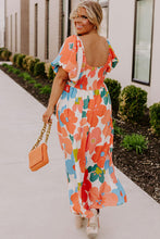 Load image into Gallery viewer, Orange Plus Size Flower Print Shirred Square Neck Maxi Dress
