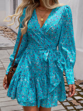 Load image into Gallery viewer, Devine Ruffled Printed Surplice Long Sleeve Mini Dress
