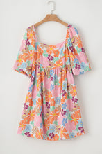 Load image into Gallery viewer, Pink Summer Floral Square Neck Puff Sleeve Babydoll Dress
