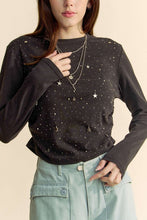 Load image into Gallery viewer, Davi &amp; Dani Side Ruched Rhinestone and Star Detail Round Neck Top
