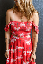 Load image into Gallery viewer, Red Floral Shirred Off Shoulder Crop Top and Slit Maxi Skirt Set
