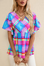 Load image into Gallery viewer, Plaid V-Neck Short Sleeve Blouse
