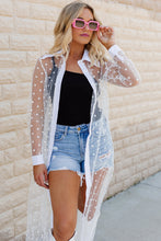 Load image into Gallery viewer, White Polka Dot Print Collared Buttoned Mesh Duster Kimono
