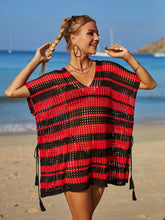 Load image into Gallery viewer, Tassel Openwork Striped V-Neck Cover Up
