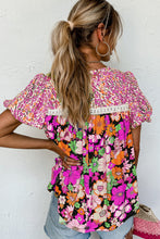 Load image into Gallery viewer, Green Bubble Sleeve Lace Trim Floral Mixed Print Blouse
