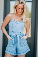 Load image into Gallery viewer, Beau Blue Spaghetti Straps Belted Denim Romper
