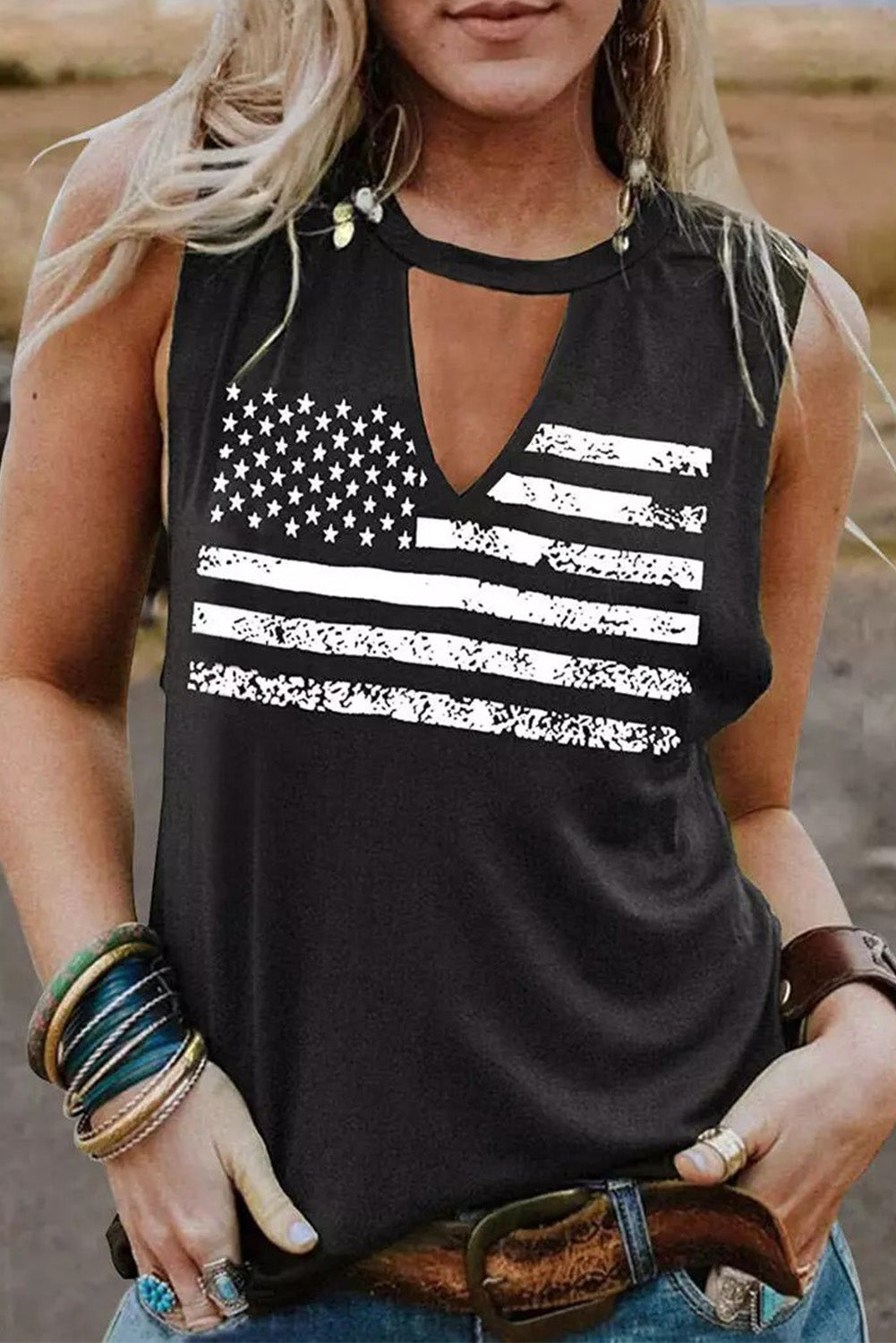 Black Cutout American Flag Print Tank Top