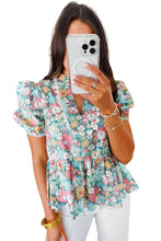 Load image into Gallery viewer, Multicolor Notched Neck Puff Short Sleeve Floral Blouse
