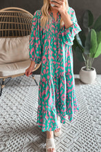 Load image into Gallery viewer, Green Abstract Print Puff Sleeve Tied Notched Neck Long Dress
