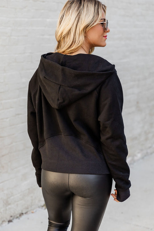 Womens Plus Size - Black - Half Zipper Kangaroo Pocket Hoodie