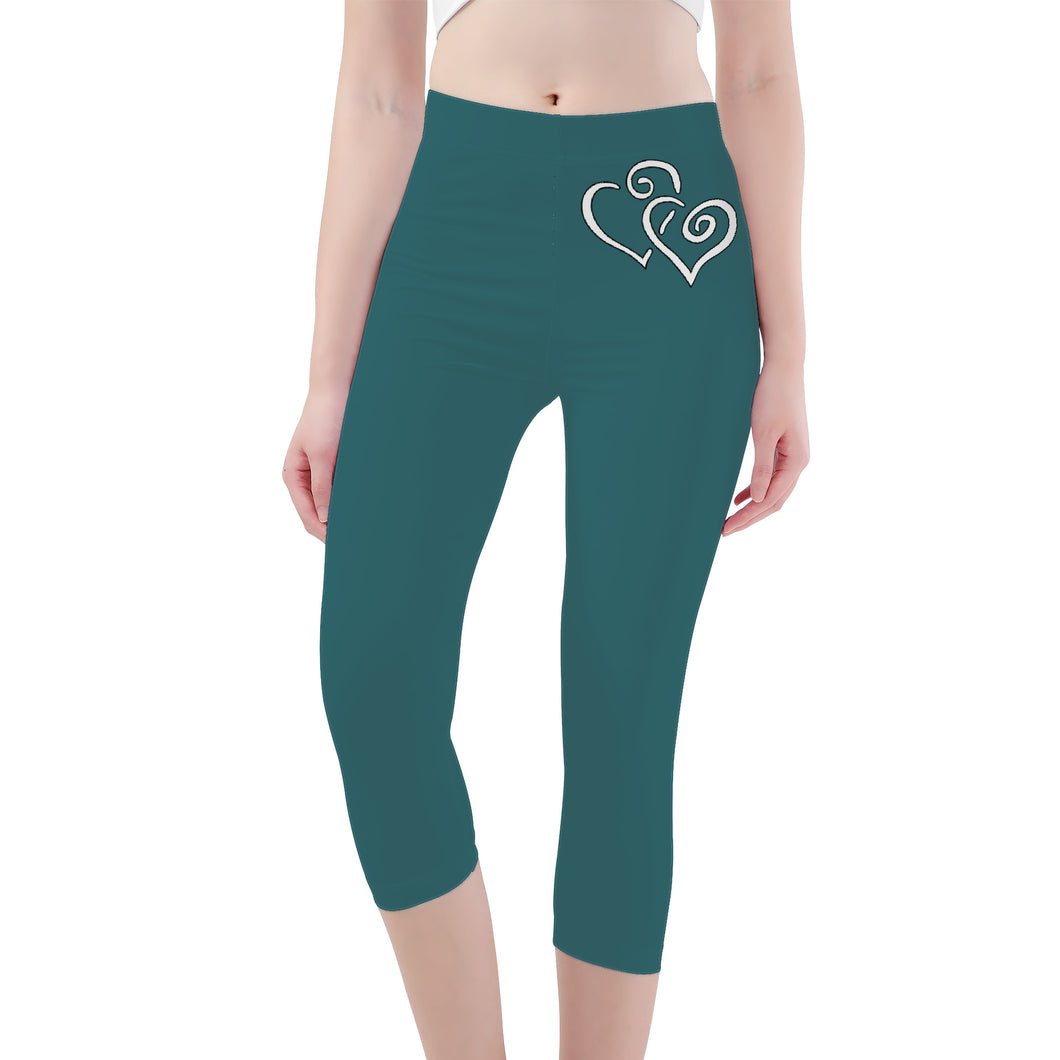 Ti Amo I love you -Exclusive Brand - Casal - Double White Heart - Womens / Teen Girls / Womens Plus Size - Capri Yoga Leggings - Sizes XS-3XL