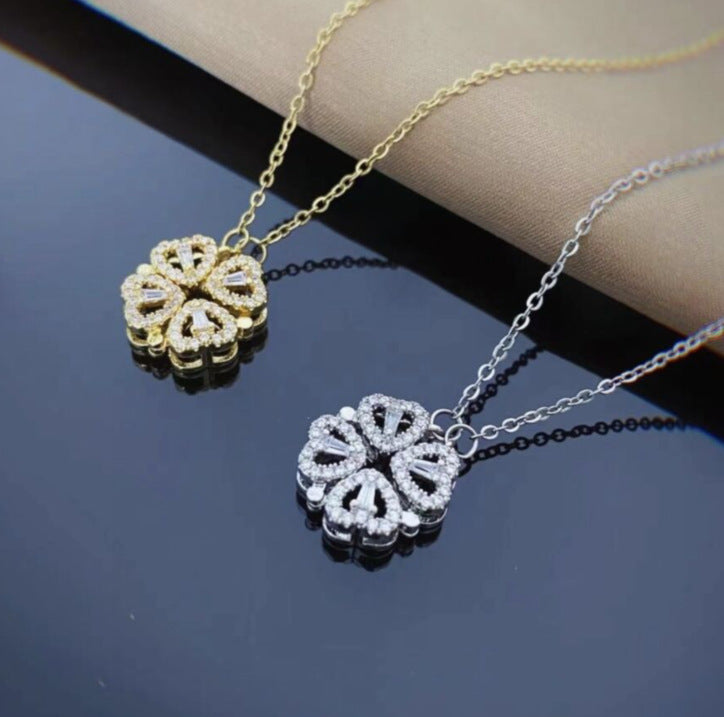 Womens Retro Magnetic Folding Heart Shaped Four Leaf Clover Pendant Necklace Love Clavicle Chain Choker - Jewelry
