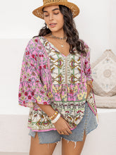 Load image into Gallery viewer, Plus Size Ruched Printed Tie Neck Three-Quarter Sleeve Blouse
