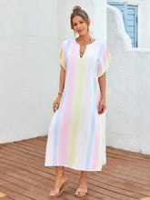 Load image into Gallery viewer, Slit Striped Notched Short Sleeve Cover Up
