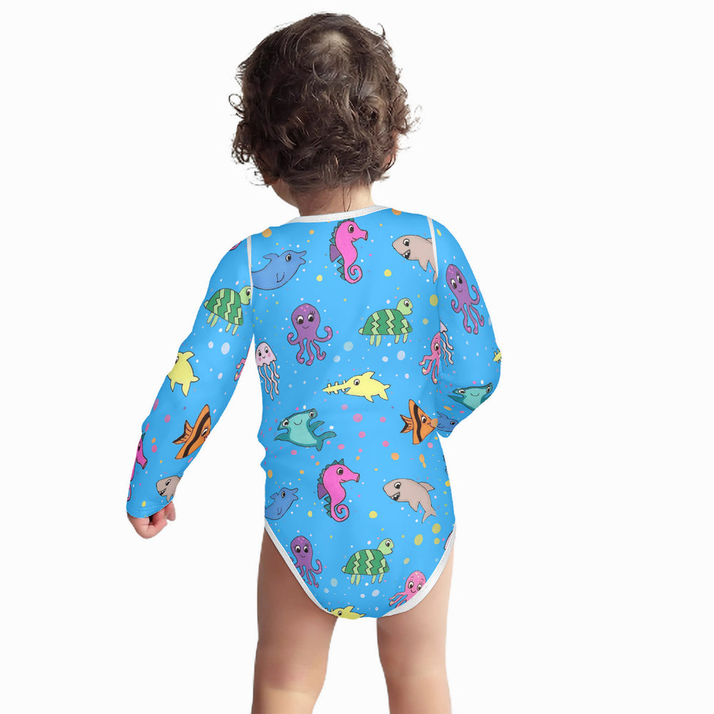 Ti Amo I love you - Exclusive Brand - Medium Cyan Blue - Sea Creatures -  Baby Long-Sleeve Bodysuit